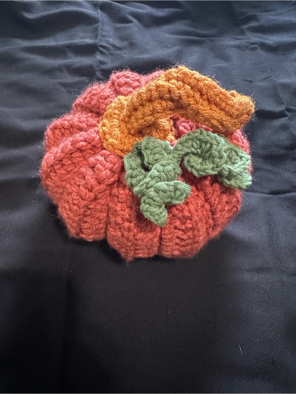 Handmade Orange Knit Pumpkin with Green Leaf Accent